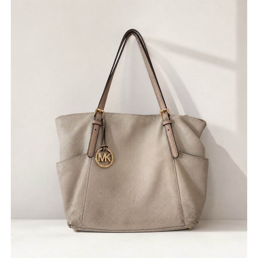 Michael Kors Large Beige Pebbled Leather Tote Shoulder Bag Gold MK Charm